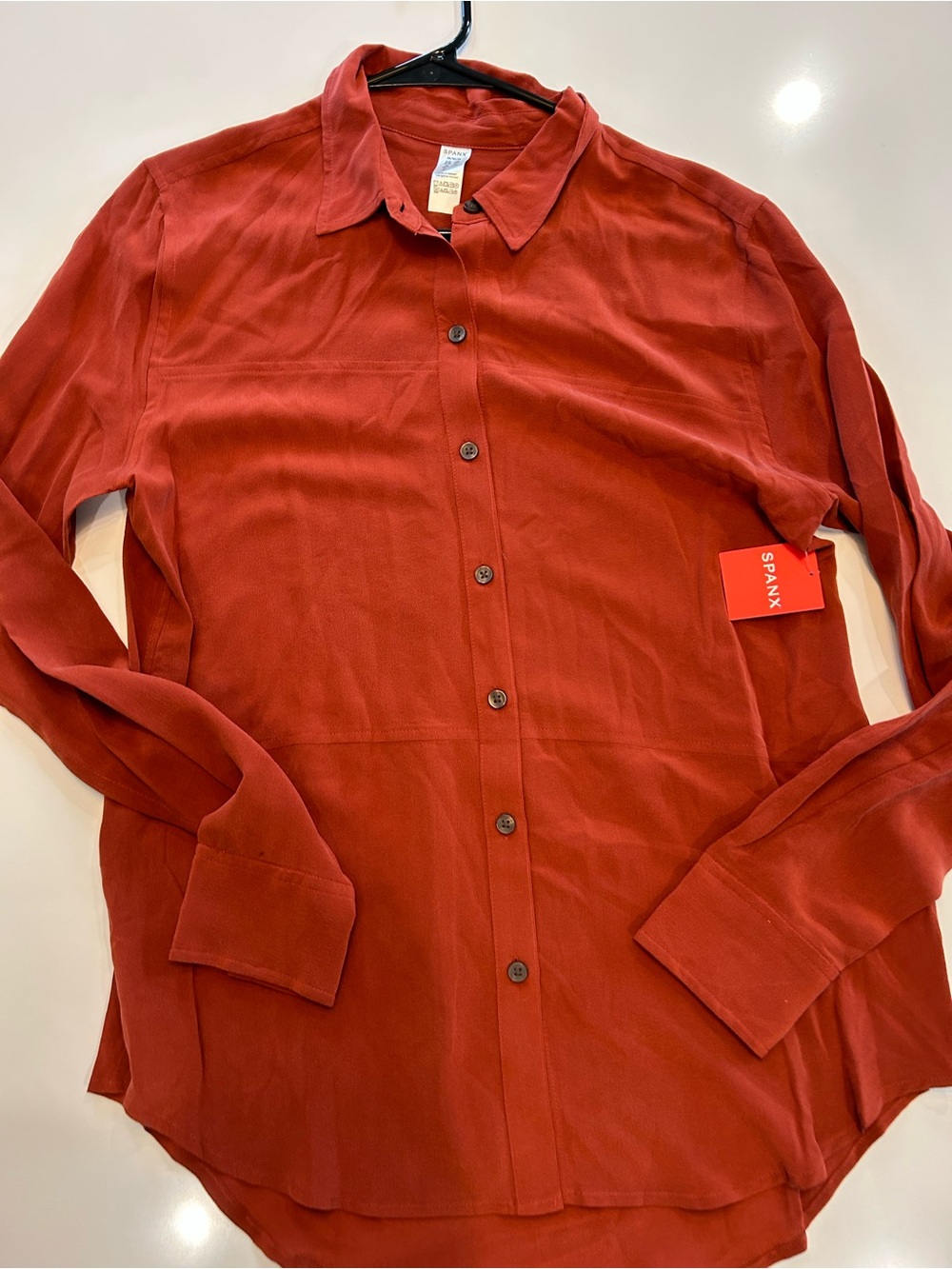 SPANX Rust Red Button-Down Long Sleeve Shirt